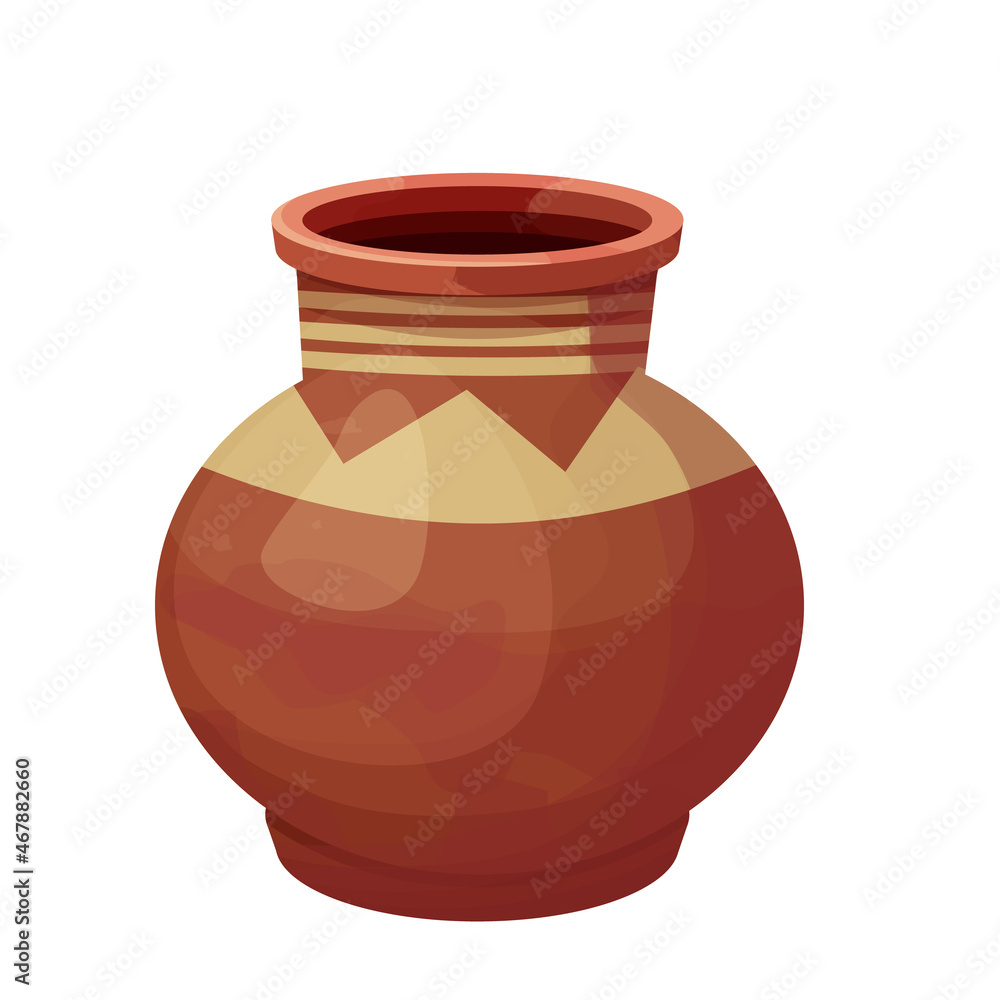 African pot, ceramic vase, craft tribal artifact in cartoon style isolated on white background. Amphora from clay, 