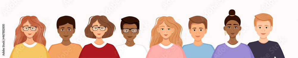 Crowd of diverse people isolated on a white background. Group of men and women stand in a row. Social diversity. Vector illustration in a flat style. Crowd of diverse people isolated on a white background. Group of men and women stand in a row. Social diversity. Vector illustration in a flat style.