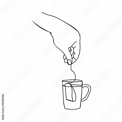 Hand puting tea bag into the tea cup doodle illustration in vector. Hand drawn tea cup with hand and tea bag illustration in vector.  