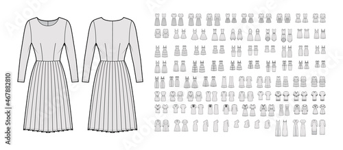 Bundle Set of Dresses casual technical fashion illustration with long short elbow sleeves, pouch, oversized fitted body, knee mini length skirt. Flat apparel front, back, grey color. Women men CAD