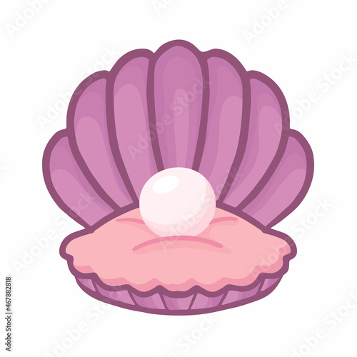 Pearl in shell. Cartoon style. Vector isolated on white background.