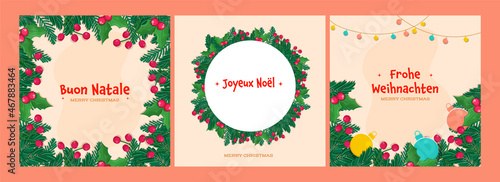 Social Media Posts Decorated With Pine Leaves, Berries, Baubles And Merry Christmas Font In Three Types Language.