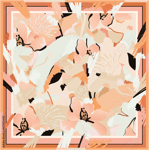 Hand drawn modern blossom abstract silk scarf design. Trendy artistic floral illustration. Fashionable vector template for design.