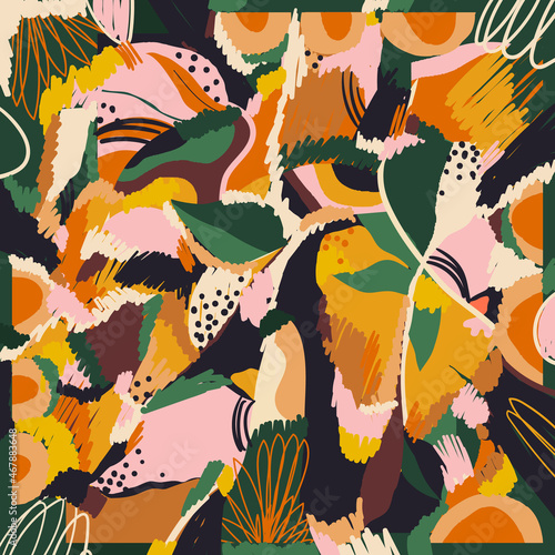 Silk scarf modern design with bright colorful artistic ornament. Abstract ethnic style. Fashionable vector template for your design.