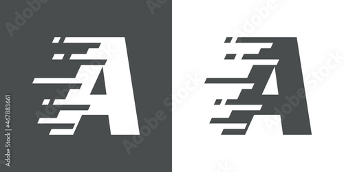 Símbolo rapidez. Logotipo con letra inicial A con líneas de velocidad en fondo gris y fondo blanco