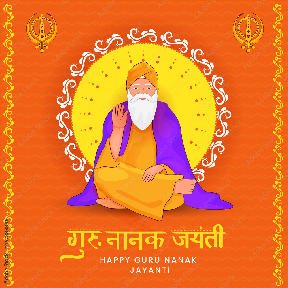 Hindi Lettering Of Happy Guru Nanak Jayanti With Character Of Guru ...