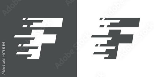 Símbolo rapidez. Logotipo con letra inicial F con líneas de velocidad en fondo gris y fondo blanco