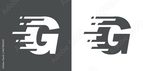 Símbolo rapidez. Logotipo con letra inicial G con líneas de velocidad en fondo gris y fondo blanco