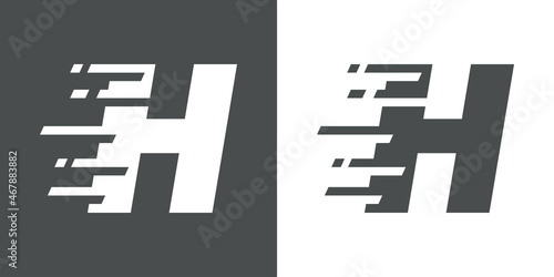Símbolo rapidez. Logotipo con letra inicial H con líneas de velocidad en fondo gris y fondo blanco