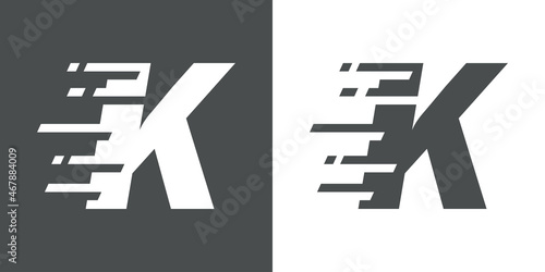 Símbolo rapidez. Logotipo con letra inicial K con líneas de velocidad en fondo gris y fondo blanco