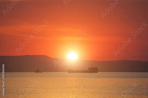 Freight industrial trade international vessel stand in line waiting for loading. Black sea commercial transportation.