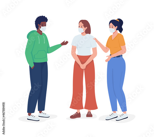 Friends talk in face masks semi flat color vector characters. Interacting figures. Full body people on white. Covid safety isolated modern cartoon style illustration for graphic design and animation photo