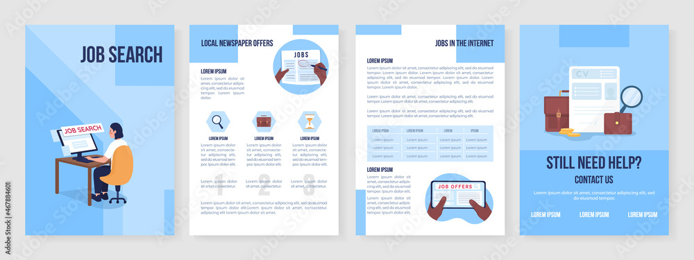 Job search flat vector brochure template. Candidate look for work. Flyer, booklet, printable leaflet design with flat illustrations. Magazine page, cartoon reports, infographic posters with text space