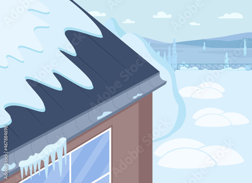 Wintertime house roof flat color vector illustration. Snow laying on house. Icicles hanging from roof in suburban area. Freezed rooftop 2D cartoon outdoors scene with snow on background