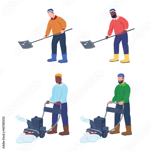 Man cleaning snow semi flat color vector characters set. Posing figures. Full body people on white. Winter season isolated modern cartoon style illustration for graphic design and animation pack