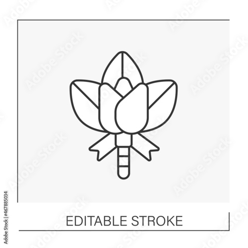  Boutonniere line icon. Flower pin in buttonhole and fastened to jacket on a special wedding occasion. Wedding concept. Isolated vector illustration. Editable stroke