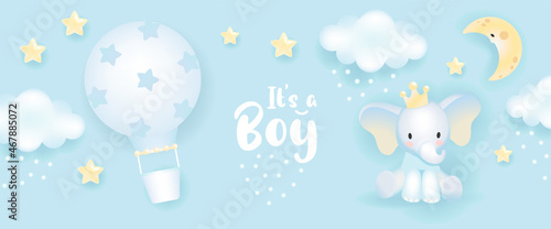 Baby shower horizontal banner with cartoon hot air balloon, clouds and stars on blue background. It's a boy.

