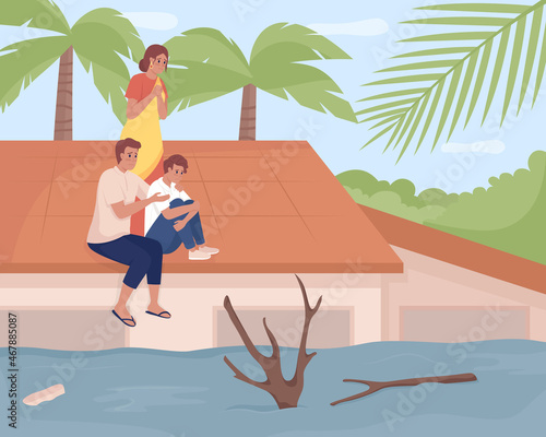 Flooding situation flat color vector illustration. Living in coastal area hazard. Family waiting on floodwater submerged house rooftop 2D cartoon characters with palm trees on background