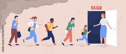 Pupils evacuation from school building flat color vector illustration. Students and staff emergency leaving. Kids follows escape route 2D cartoon characters with educational facility on background