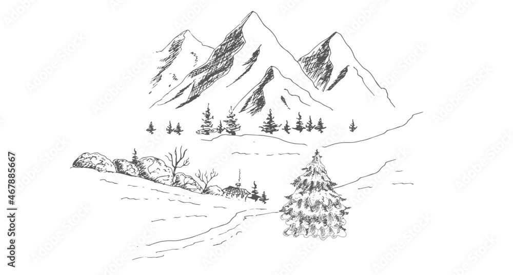 Obraz premium Christmas, New Year landscape with mountain. Vector illustration, sketch, drawing.
