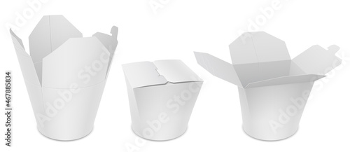 Blank paper chinese takeout wide box with round bottom for wok noodles. Set of open and closed presentation options. Vector realistic isolated mockup illustration.