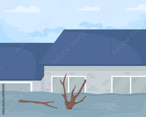 Urban flooding flat color vector illustration. Local heavy rainfall hazard. Natural disaster. Extreme weather condition. Surrounding by water 2D cartoon cityscape with buildings on background