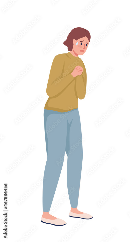 Girl clenches hands together semi flat color vector character. Standing figure. Full body person on white. Nervous situation isolated modern cartoon style illustration for graphic design and animation