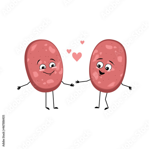 Cute sausage character with love emotions, smile face, arms and legs. Fun meal or meat snack. Vector flat illustration