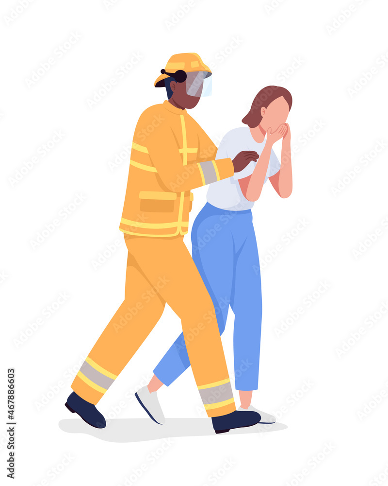 Firefighter rescuing scared girl semi flat color vector characters. Full body people on white. First responder duty isolated modern cartoon style illustration for graphic design and animation