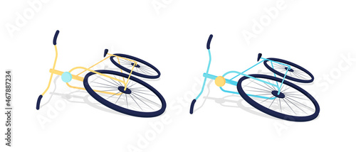 Bicycles lying on ground semi flat color vector objects set. Full sized items collection on white. Bike accident isolated modern cartoon style illustrations collection for graphic design and animation