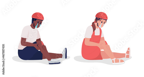 Crying child cyclists semi flat color vector characters set. Full body people on white. Bicycle-related injuries isolated modern cartoon style illustrations collection for graphic design and animation
