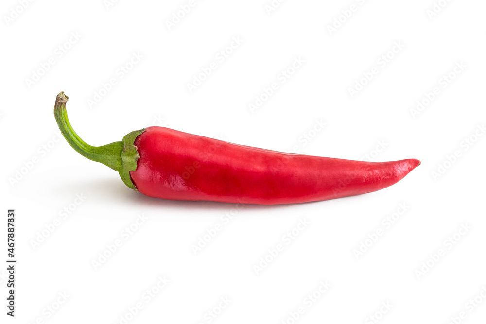 Pod of hot red chili pepper with a green stalk Pod of hot red chili pepper with a green stalk
