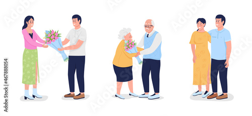 Expressing love with flowers semi flat color vector characters set. Full body people on white. Happy couples isolated modern cartoon style illustrations collection for graphic design and animation © The img