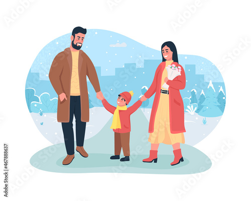 Family winter walk 2D vector isolated illustration. Father and mother holding son hands. Parents with child flat characters on cartoon background. Wintertime recreation colourful scene