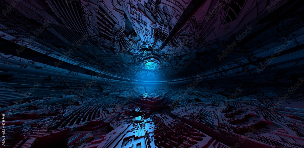 Inside of an alien spaceship. UFO interior design. Round architecture ...