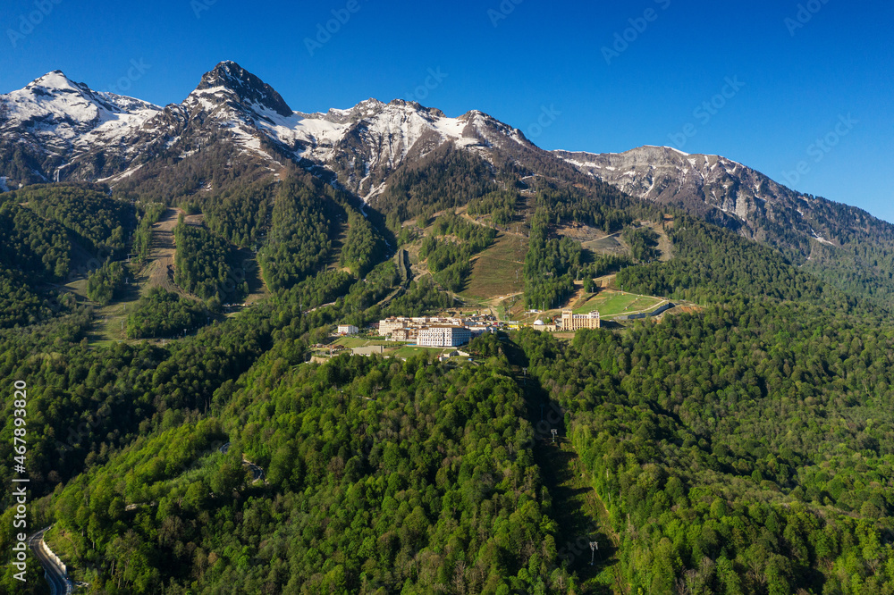 Rosa Khutor Ski Resort. Mountain resort. Aerial view.