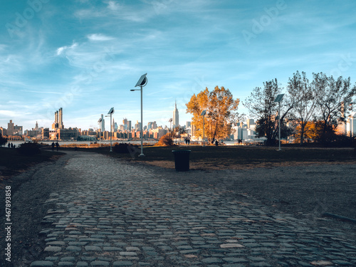 Bushwick inlet park in brooklyn with a view on manhattan