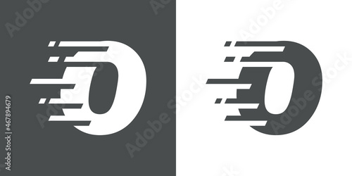 Símbolo rapidez. Logotipo con letra inicial O con líneas de velocidad en fondo gris y fondo blanco