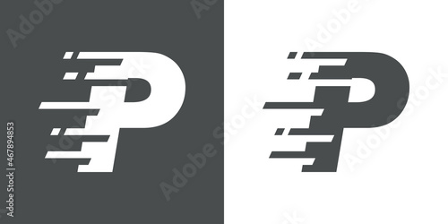 Símbolo rapidez. Logotipo con letra inicial P con líneas de velocidad en fondo gris y fondo blanco
