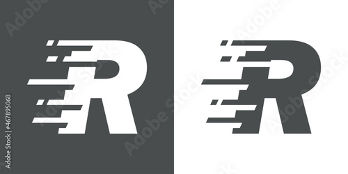 Símbolo rapidez. Logotipo con letra inicial R con líneas de velocidad en fondo gris y fondo blanco