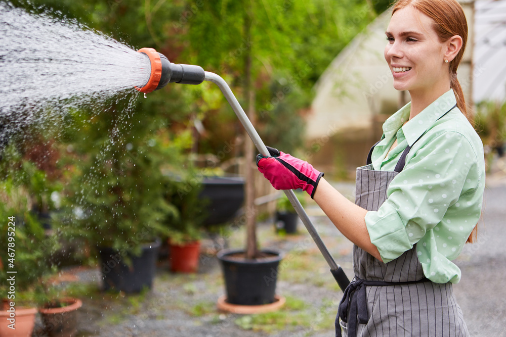 Gärtner Lehrling beim Blumen gießen in der Baumschule Stock Photo