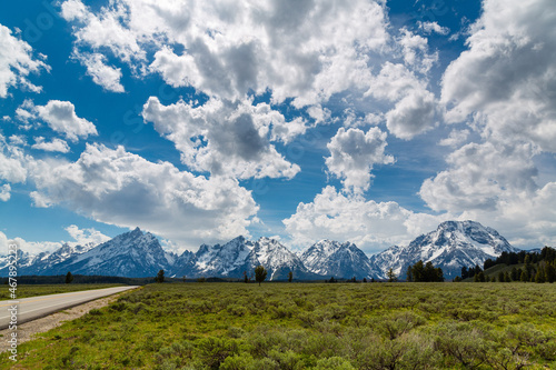 Scenic view of the Grand Teton from Teton Park Road, Yellowstone National Park, Wyoming, USA