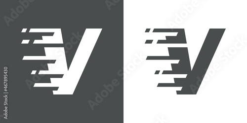 Símbolo rapidez. Logotipo con letra inicial V con líneas de velocidad en fondo gris y fondo blanco