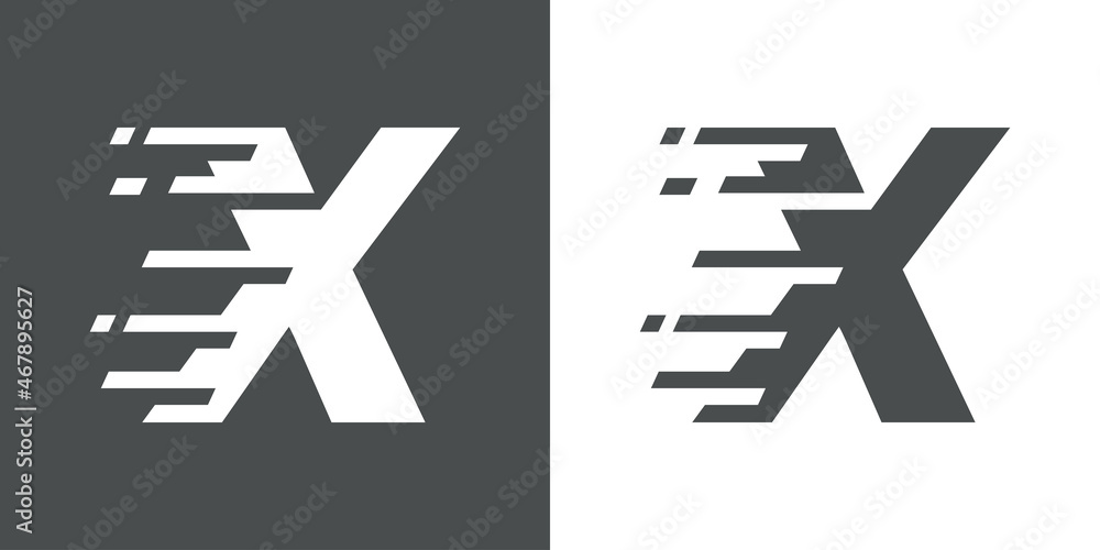 Símbolo rapidez. Logotipo con letra inicial X con líneas de velocidad en fondo gris y fondo blanco Símbolo rapidez. Logotipo con letra inicial X con líneas de velocidad en fondo gris y fondo blanco