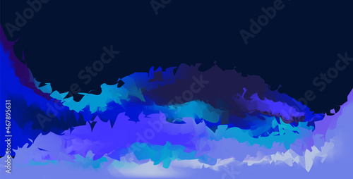 Abstract modern fluid Watercolor blue splashes on bluish black dark background. Colorful Vector illustration. Copy space. Ink water. Luxury royal cool backdrop. Color gradient. Winter card design. Sky