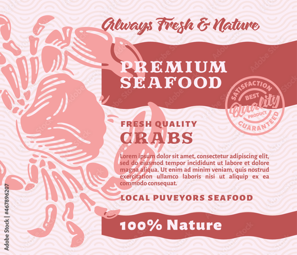 Packaging Design or Label Premium Seafood with Hand Drawn Crabs in doodle vintage style Packaging Design or Label Premium Seafood with Hand Drawn Crabs in doodle vintage style