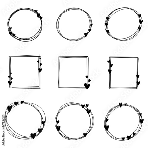 Set of round frames with hearts on a white background. Vector illustration