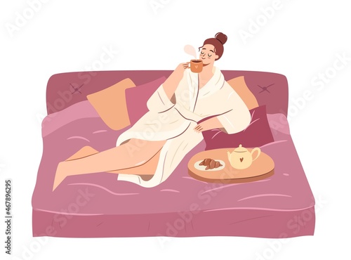 Morning routine concept. Girl drinking coffee in bed. Breakfast in bed. Flat vector illustration on white background