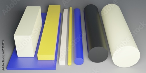 Engineering Plastic ,3d renderring illustration of MC nylon,PETP,HDPE,PTFE,POM,Teflon,PE-UHMW.Raw materials for processing.Industrial parts and accessories, article illustrations, catalogues, webs.