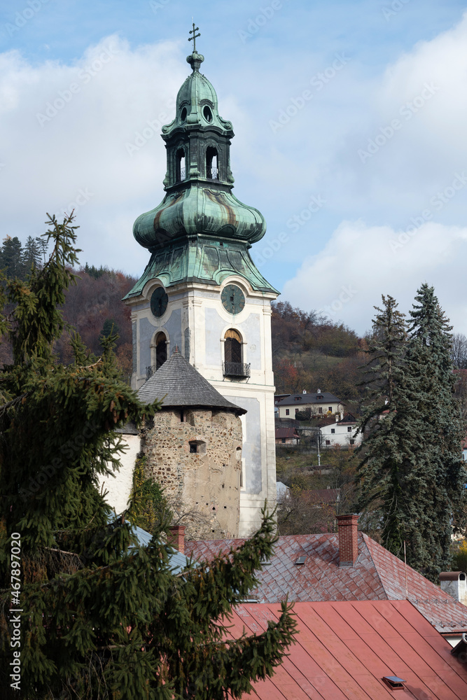 Tower of a church, which is a part of the Old Castle in the city Banska Stiavnica in Slovakia, part of the UNESCO heritage site